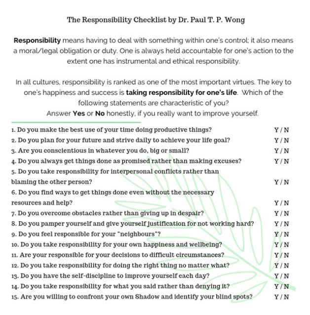 The Responsibility Checklist by Dr. Paul T. P. Wong